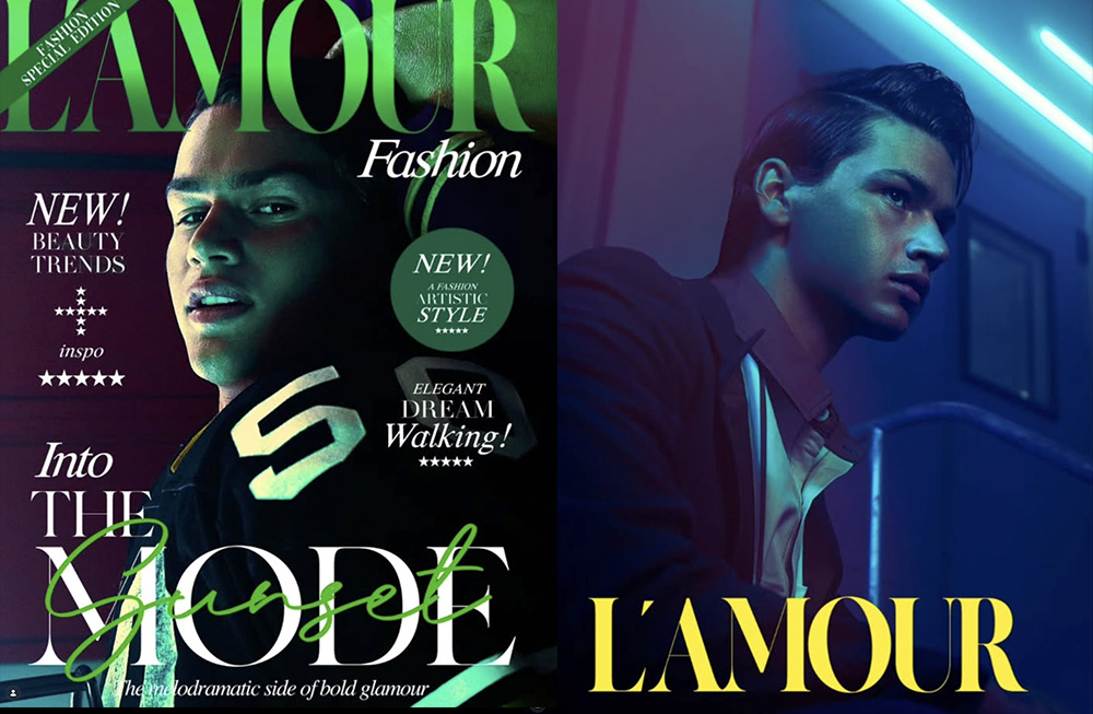 Fashion magazine cover featuring a stylish male model in neon lighting.