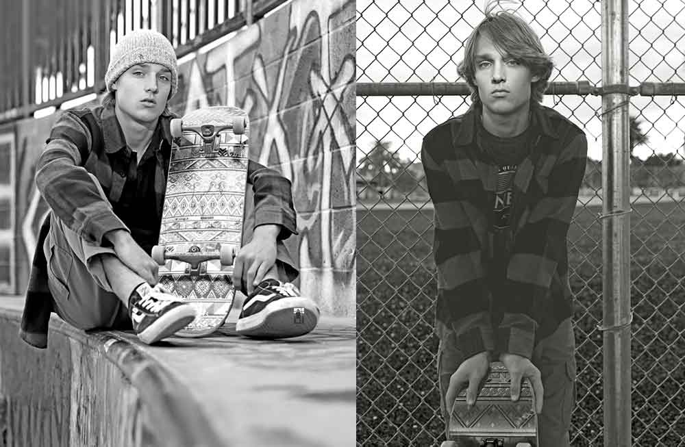 Two pictures of a man with a skateboard.