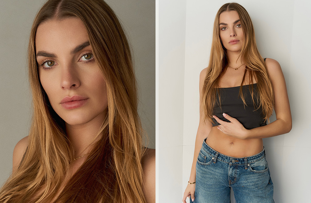 Portrait and full-body shot of a woman with long hair, wearing a blue outfit and holding a black hat.