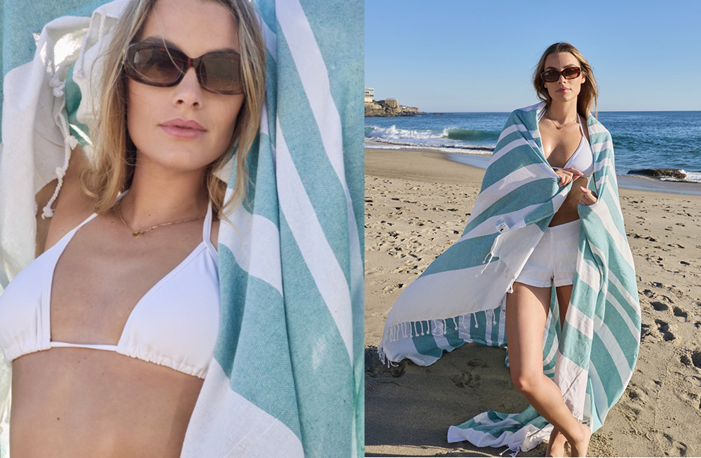Portrait and full-body shot of a woman with long hair, wearing a blue outfit and holding a black hat.