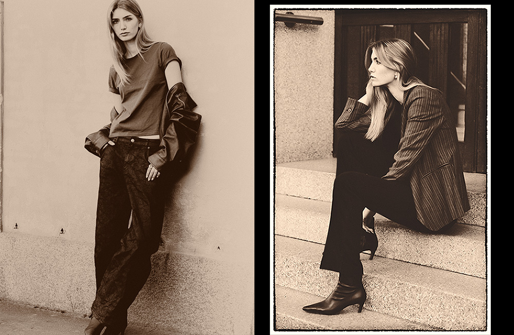 Two black-and-white photos of thoughtful individuals in casual poses.