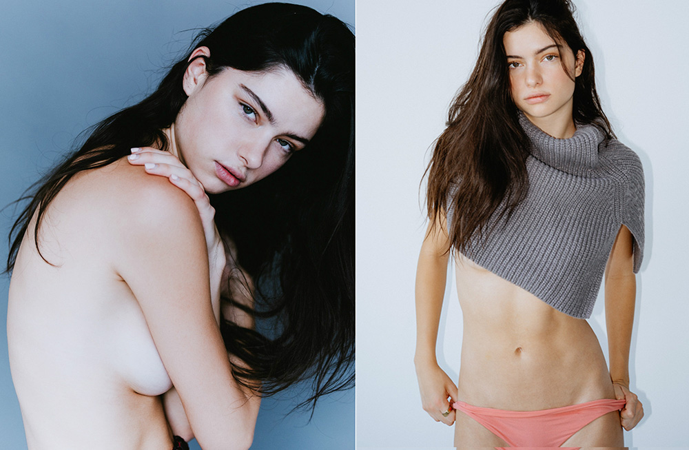 Portraits of a young woman with long dark hair in natural light.