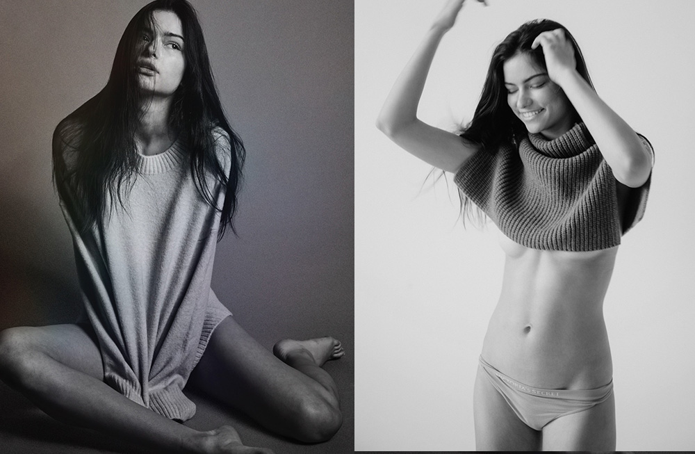 Black and white portraits of a woman in relaxed, artistic poses.
