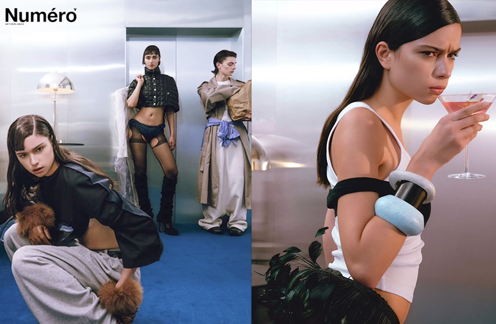 Fashion models pose in edgy, futuristic outfits for a bold photoshoot.