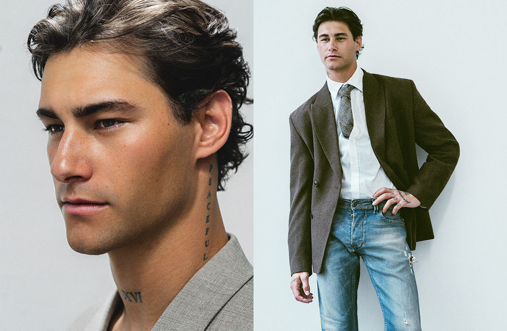 Close-up and full-body shots of a stylish young man in casual attire.