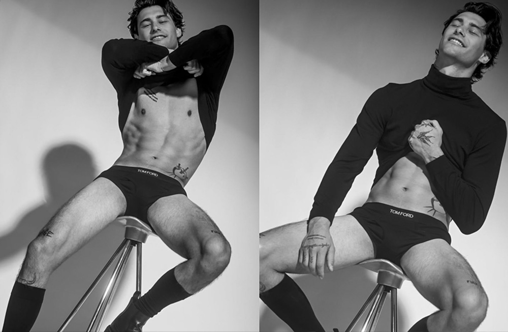 Black and white photo of a man striking dynamic poses on a stool.