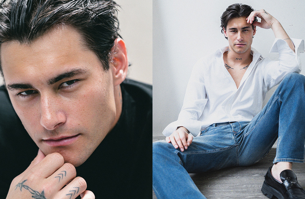 Portrait and casual shots of a stylish young man in black and white attire.