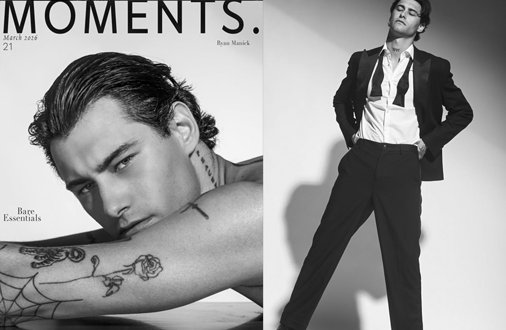 Black and white portraits of a stylish man with tattoos and formal wear.