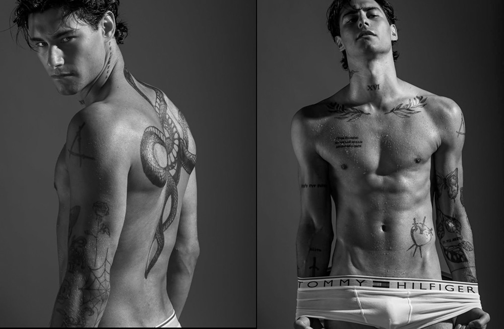 Black and white portraits of a muscular man showing his back and front.