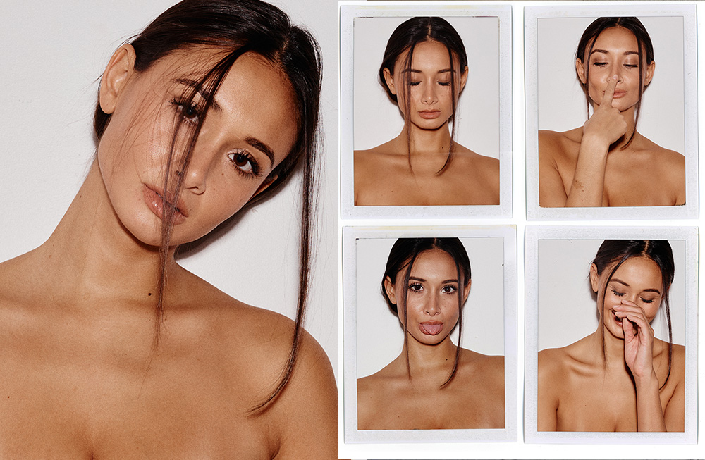 Collage of a woman with natural makeup and expressive poses.
