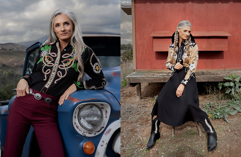 Fashionable woman in bold, eclectic outfits posing outdoors.
