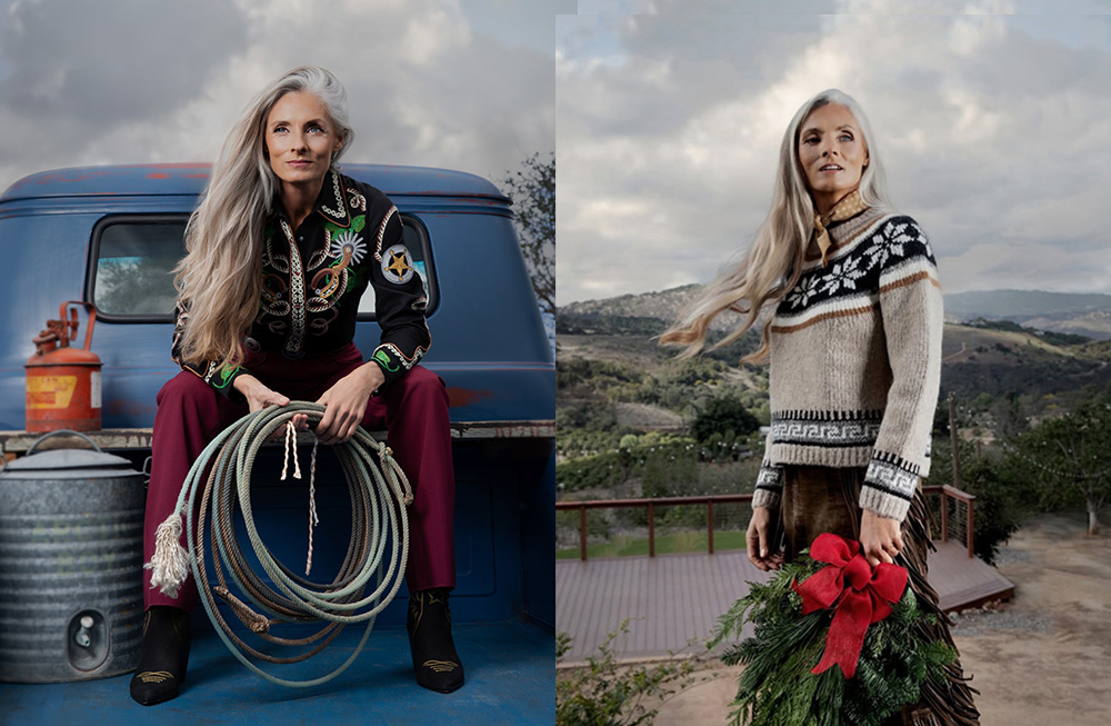 A woman in cozy sweaters posing outdoors with flowers and a coiled rope.