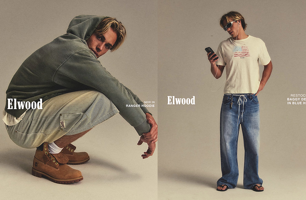 Two stylish men showcasing casual urban wear against a plain backdrop.