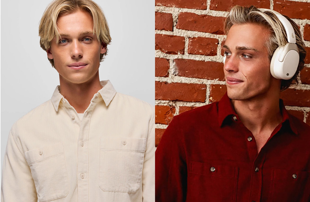 Two portraits of a young man with blonde hair in different outfits and settings.
