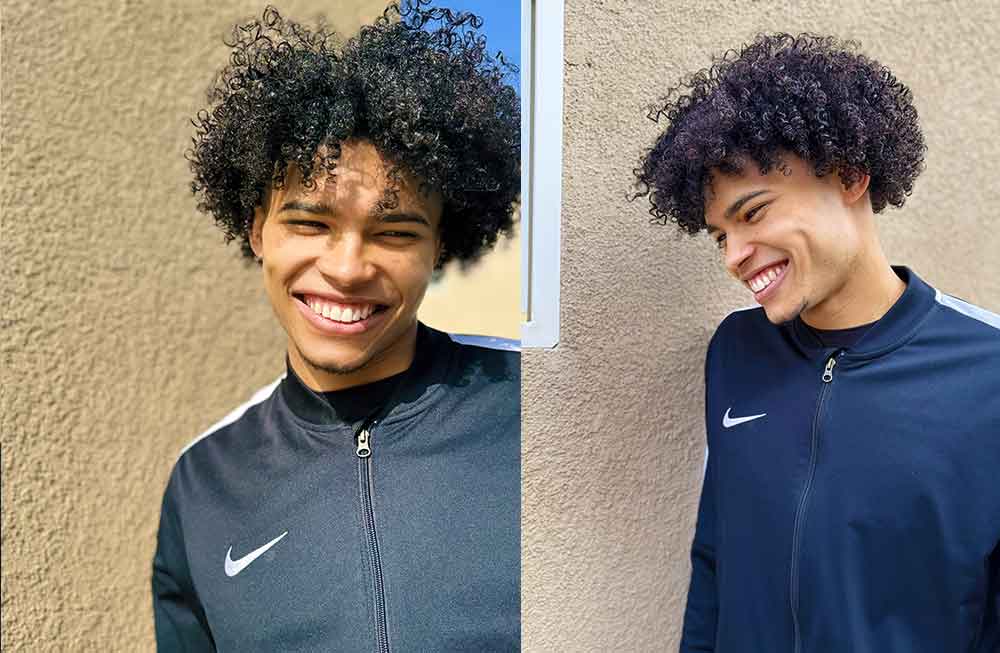 Two pictures of a person with curly hair.